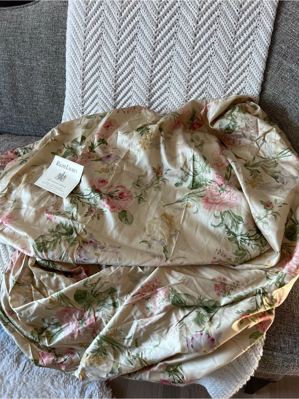 Ralph Lauren Cream Fitted Sheet with Pink Floral and Green Leaves